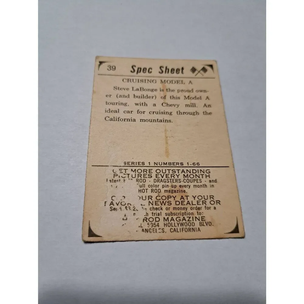 Vintage 1965 Hot Rod Magazine #39 Spec Sheet Steve LaBonge Model A Trading Card